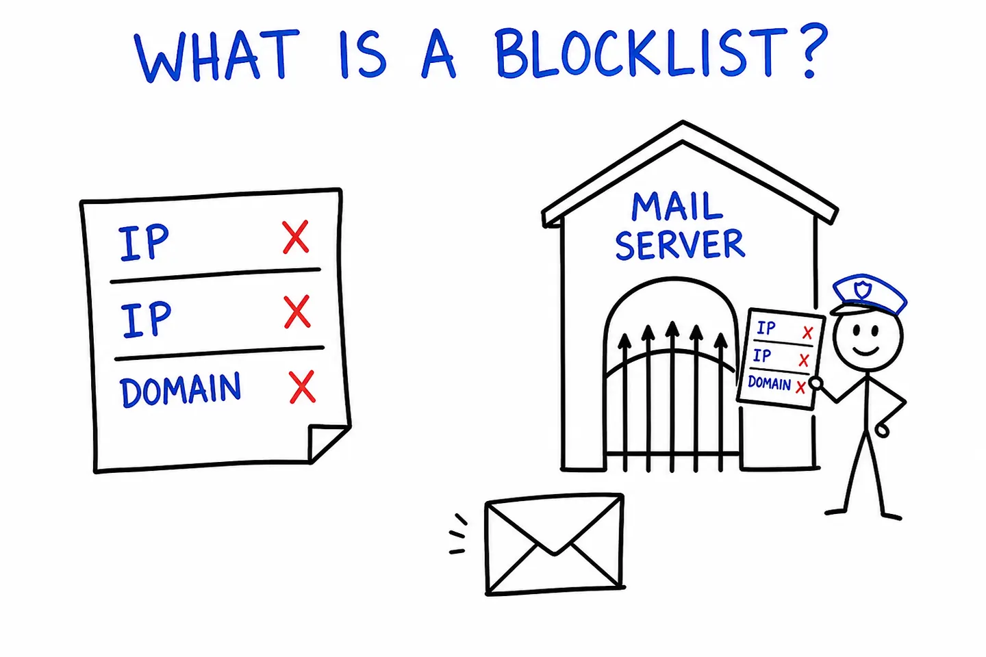 An email blocklist of IP addresses and domains, checked by a guard at a mail server’s gate.