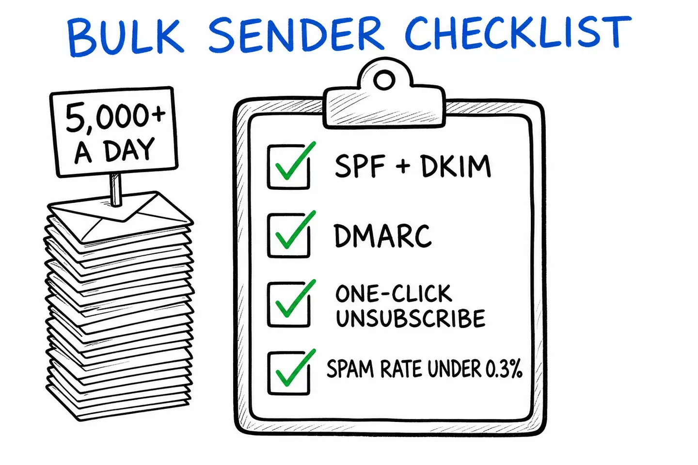 Bulk sender checklist for 5,000+ a day: SPF and DKIM, DMARC, one-click unsubscribe, spam rate under 0.3%.