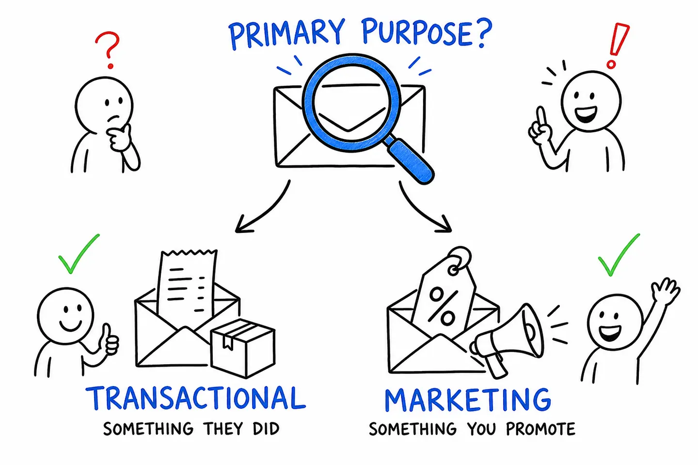 Primary-purpose test: a receipt for something they did is transactional; a promotion is marketing email.
