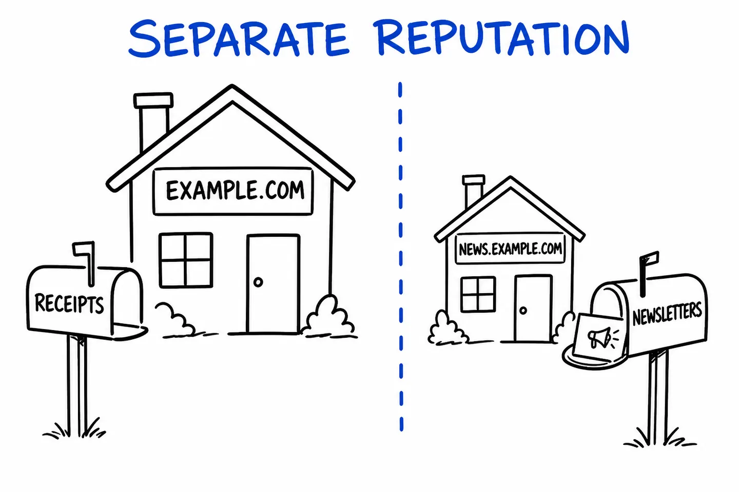 Marketing email subdomain: receipts from example.com, newsletters from news.example.com, kept apart.