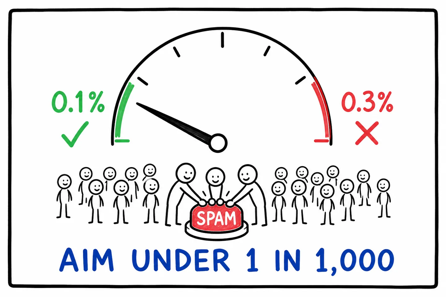 Spam complaint rate gauge: 0.1% in green as the target, 0.3% in red as the limit.