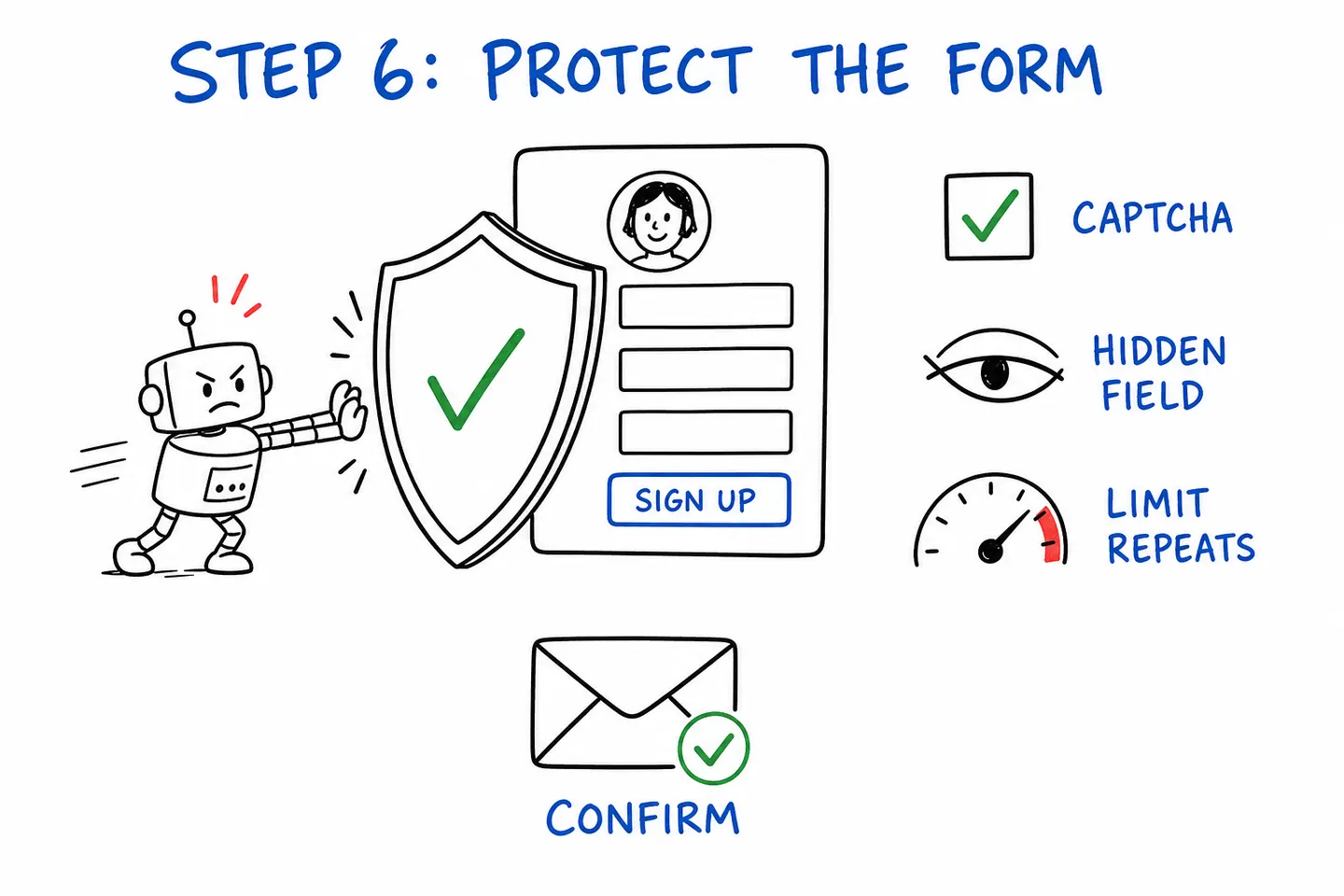 A shield stops a bot at a sign-up form with a captcha, a hidden field, a repeat limit and a confirm email.
