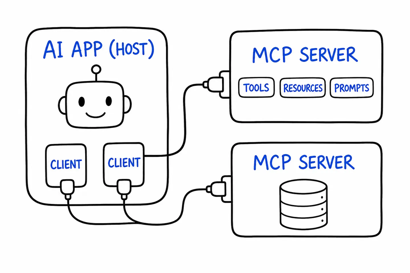 An AI app as MCP host with two clients, each wired to an MCP server offering tools, resources and prompts.
