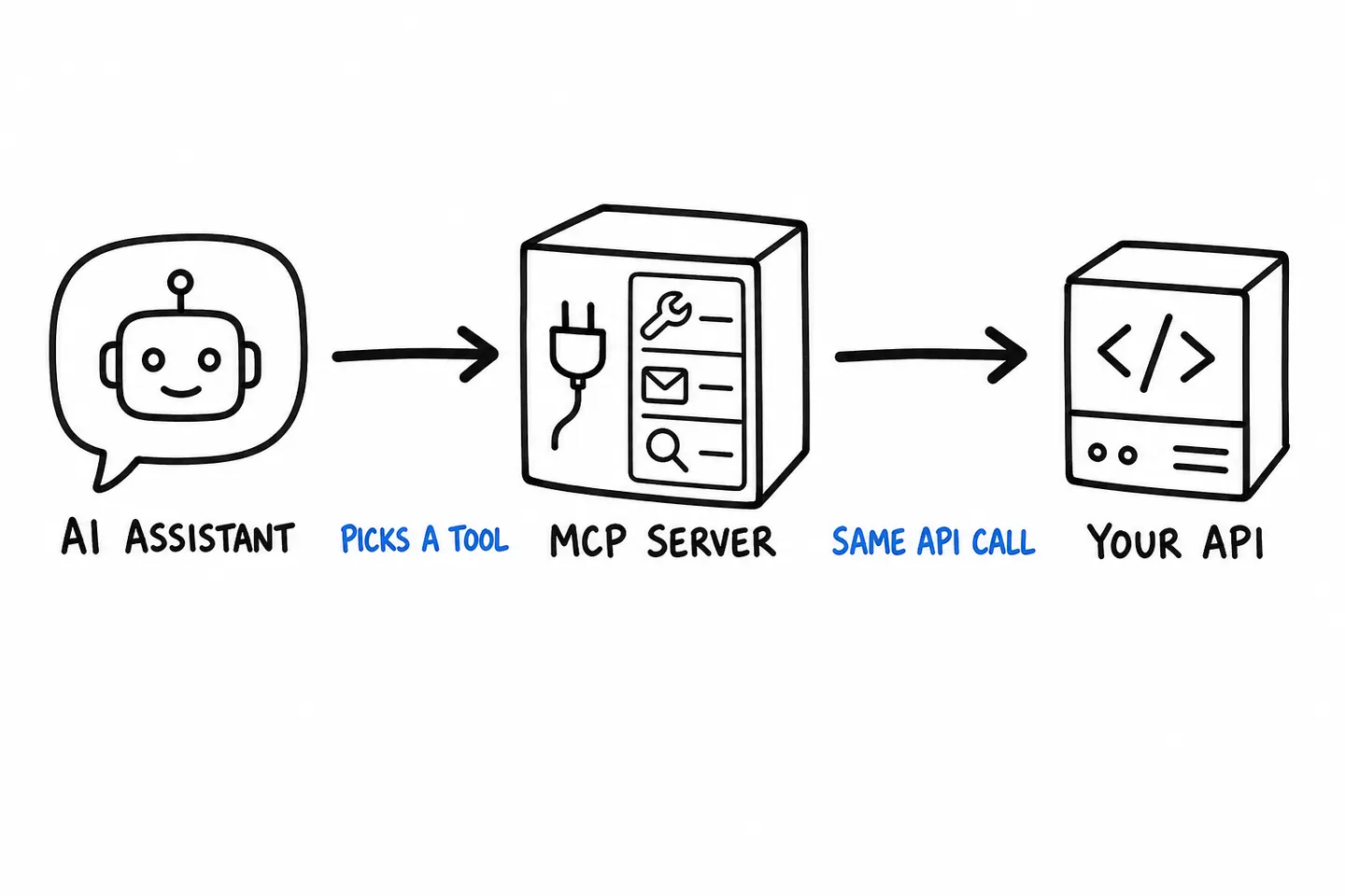 An AI assistant picks a tool on an MCP server, which makes the same call to your API.